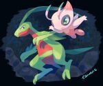  :d alternate_color black_border border celebi closed_mouth commentary_request green_eyes grovyle highres no_humans open_mouth pokemon pokemon_(creature) shiny_pokemon smile torinoko_(miiko_draw) 