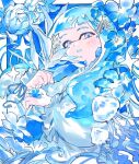  1girl :o blue_eyes blue_flower blue_hair blue_shirt border collar flower frilled_collar frilled_sleeves frills gam_(99jellys) hair_flower hair_ornament holding holding_flower inkling inkling_girl inkling_player_character jellyfish long_hair open_mouth shirt solo sparkle splatoon_(series) splatoon_3 tentacle_hair white_border 