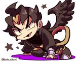  1boy black_hair black_jacket black_pants black_wings chibi chibi_only dio_brando earrings fang full_body jacket jewelry jojo_no_kimyou_na_bouken kotorai male_focus no_nose pants short_hair solo star_(symbol) twitter_username v-shaped_eyebrows white_background wings 