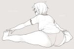  1girl absurdres ass barefoot feet from_behind full_body glass glasses grey_background greyscale gym_shirt hands_on_own_feet highres koeru_otoge-san lineart monochrome neyuki_rei otouge_azuki panties profile shirt short_hair sitting solo spread_legs stretching thick_eyebrows thick_thighs thighs underwear wide_spread_legs 