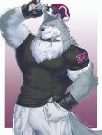  1boy absurdres animal_ears bad_id bad_twitter_id bandaged_hand bandages bara biceps cowboy_shot facial_hair furry furry_male goatee grey_fur highres large_pectorals looking_at_viewer male_focus muscular muscular_male neck_fur one_eye_closed original pants pectorals shirt solo standing t-shirt tail thick_eyebrows wolf_boy wolf_ears wolf_tail yang_geon 
