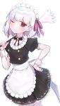  1girl apron black_dress dress duster fate/grand_order fate_(series) feather_duster grey_hair hair_ribbon hand_on_own_hip highres kama_(fate) kama_(mistake)_(fate) maid maid_apron maid_headdress one_eye_closed red_eyes ribbon white_background wrist_cuffs yubeshi_(zecxl) 