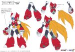  absurdres arm_cannon armor blonde_hair blue_eyes commentary_request concept_art dated forehead_jewel full_armor helmet highres humanoid_robot joints long_hair medarot_s mega_man_(series) mega_man_x1 mega_man_x_(series) official_art ponytail reference_sheet robot second-party_source simple_background thrusters translation_request tyuga weapon white_background zero_(mega_man) 