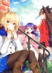  3girls :o absurdres ahoge arm_at_side artoria_pendragon_(all) bangs black_bow black_hair black_legwear black_skirt blue_eyes blue_scarf blue_skirt blush boots bow braid cardigan condensation_trail day dress eating eyebrows_visible_through_hair fate/stay_night fate_(series) food french_braid green_eyes hair_bow hair_bun hair_ribbon hand_in_hair hand_up highres holding holding_food knee_boots knees_together_feet_apart light_rays long_hair looking_at_viewer matou_sakura miniskirt multiple_girls open_cardigan open_clothes outdoors pantyhose pleated_skirt purple_eyes purple_hair purple_ribbon railing red_sweater ribbon saber scan scarf sidelocks sitting skirt stairs standing sunbeam sunlight sweater thighhighs toosaka_asagi toosaka_rin two_side_up white_dress wind wind_lift zettai_ryouiki 