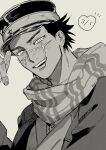  1boy birthday blush dared from_below golden_kamuy greyscale happy hat highres kepi male_focus military_hat monochrome scar scar_on_cheek scar_on_face scar_on_nose short_hair smile solo sugimoto_saichi upper_body yuji_mother 