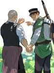  2boys arisaka birthday bolt_action buzz_cut couple feet_out_of_frame golden_kamuy gun hat highres holding_hands kepi long_sideburns male_focus military_hat multiple_boys pants pointing pointing_at_another rifle scar scar_on_cheek scar_on_face scar_on_nose shiraishi_yoshitake short_hair sideburns standing sugimoto_saichi ton_(ton19130318) very_short_hair weapon yaoi 