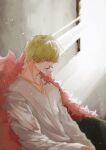  1boy blonde_hair blurry closed_eyes collarbone depth_of_field donquixote_rocinante feather_boa highres light_particles long_sleeves male_focus one_piece parted_lips shirt short_hair signature sitting solo sub_45 sunlight white_shirt 