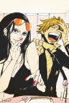  1boy 1girl black_dress black_jacket blonde_hair blue_eyes buttons closed_eyes collared_shirt commentary_request curly_eyebrows dress eyewear_on_head hand_on_own_face jacket long_hair nico_robin one_piece red_nails sanji_(one_piece) shirt smile szlove upper_body yellow_shirt 