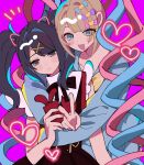  2girls :d :| ame-chan_(needy_girl_overdose) black_bow black_bowtie black_eyes black_hair black_skirt blonde_hair blue_eyes blue_shirt blush bow bowtie cellphone chouzetsusaikawa_tenshi-chan closed_mouth cowboy_shot dual_persona expressionless hair_bow hair_intakes hand_up head_tilt heart highres holding holding_phone long_hair long_sleeves looking_at_phone looking_at_viewer multiple_girls needy_girl_overdose notice_lines open_mouth parted_bangs phone pink_background pleated_skirt shino8504 shirt sidelocks simple_background skirt smartphone smile suspender_skirt suspenders twintails v very_long_hair white_shirt 