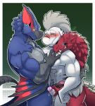  anthro blue_body blush capcom devin_(derpybro) dinosaur dromaeosaurid eye_contact fanged_wyvern flying_wyvern frottage genitals grin group handjob hi_res humanoid_genitalia humanoid_penis looking_at_another male male/male mohawk monster_hunter muscular muscular_anthro muscular_male nargacuga nude odogaron pecs penile penis penis_grab reptile scales scalie scuted_arms scutes sex smile standing theropod trio velociraptor white_body white_scales yellowluster 