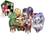 3boys 4girls alcohol armor bald bandaid barefoot beer black_hair blank_eyes blonde_hair blue_eyes breasts chair cheek-to-cheek cleavage crying diti_(selecta) duel_monster flower gloves goblin grey_eyes grey_hair hair_flower hair_ornament head_bump heads_together horns knight knight_(yu-gi-oh!) large_breasts laughing long_hair lovely_labrynth_of_the_silver_castle multiple_boys multiple_girls open_mouth outstretched_hand pointy_ears red_hair shorts simple_background sitting smile table traptrix_dionaea traptrix_nepenthes white_background yu-gi-oh! 