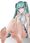  1girl absurdres aqua_hair aqua_nails arm_support bare_legs bare_shoulders barefoot black_skirt blue_eyes breasts collared_shirt convenient_leg feet foot_focus full_body hair_between_eyes hair_ornament hand_up hatsune_miku highres knees_together_feet_apart knees_up legs long_hair looking_at_viewer meruko-san miniskirt nail_polish open_mouth pleated_skirt shirt simple_background sitting skirt sleeveless sleeveless_shirt small_breasts soles solo toenail_polish toenails toes twintails v very_long_hair vocaloid white_background 