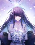 1girl absurdres blue_archive blue_halo bouquet breasts choker cleavage colored_inner_hair dress elbow_gloves flower gloves halo highres holding holding_bouquet large_breasts multicolored_hair official_alternate_costume saori_(blue_archive) saori_(dress)_(blue_archive) saya_kuroha solo strapless strapless_dress upper_body white_choker white_dress white_gloves 
