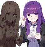  2girls :i black_coat blunt_bangs clenched_hand clone coat commentary_request dress fern_(sousou_no_frieren) hands_up highres hyoe_(hachiechi) jitome long_hair looking_at_viewer multiple_girls open_clothes open_coat pout purple_hair sousou_no_frieren upper_body v-shaped_eyebrows white_dress 