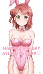  1girl animal_ears bare_shoulders blush breasts character_name ckst cleavage closed_mouth collarbone commentary_request covered_navel dated detached_collar fake_animal_ears green_eyes groin hair_bun hair_ornament hairclip happy_birthday highres leotard looking_at_viewer love_live! love_live!_nijigasaki_high_school_idol_club medium_breasts medium_hair pink_hair pink_leotard rabbit_ears signature single_side_bun smile solo standing strapless strapless_leotard swept_bangs uehara_ayumu upper_body white_background 
