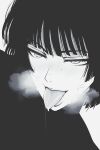  1girl absurdres black_hair drooling eyelashes fubuki_(one-punch_man) greyscale highres monochrome mostlybluewyatt one-punch_man portrait short_hair solo steam_from_mouth sweat tongue tongue_out 