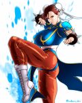  1girl absurdres ass blue_background boots bracelet breasts brown_eyes brown_hair brown_pantyhose bun_cover china_dress chinese_clothes chun-li double_bun dress earrings fighting_stance gradient_background hair_bun highres jewelry large_breasts lips pantyhose pelvic_curtain saburo_des sash short_hair solo spiked_bracelet spikes street_fighter street_fighter_ii_(series) twitter_username 