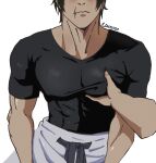 2boys bara blush covered_abs covered_nipples disembodied_limb equinox_(nobarahearts) facing_viewer fushiguro_touji grabbing head_out_of_frame highres jujutsu_kaisen male_focus meme multiple_boys muscular muscular_male pants pectorals photo-referenced pov pov_hands scar scar_on_face scar_on_mouth shirt solo_focus t-shirt the_masculine_urge_to_(meme) tight_clothes tight_shirt yaoi 