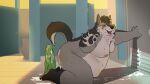 2024 after_masturbation anthro bathroom belly big_belly blush bodily_fluids canid canine canis cum detailed_background dildo domestic_dog genital_fluids grey_body kemono male mammal moobs nipples overweight overweight_male qqmelon888 sex_toy solo