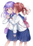  2girls backpack bag bangs blue_sailor_collar blue_skirt bow bowtie brown_hair chestnut_mouth closed_eyes commentary_request eyebrows_visible_through_hair hair_between_eyes hair_ribbon highres long_hair long_sleeves multiple_girls one_eye_closed open_mouth original pleated_skirt purple_eyes purple_hair red_neckwear ribbon sailor_collar shiraki_shiori shirt shoulder_bag simple_background skirt tongue tongue_out twintails white_background white_ribbon white_shirt wrist_grab yuri 
