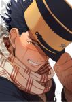  1boy birthday blush golden_kamuy half-closed_eyes hat hat_over_one_eye highres holding holding_clothes holding_hat looking_at_viewer male_focus onnomono portrait scar scar_on_cheek scar_on_face scar_on_nose short_hair smile solo spiked_hair sugimoto_saichi 