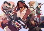 3girls 4boys anders_(dragon_age) armor bandana beard_stubble black_hair blonde_hair breasts brother_and_sister brown_hair carver_hawke chest_hair cleavage dark-skinned_female dark-skinned_male dark_skin dragon_age dragon_age_2 dwarf earrings elf facial_hair facial_mark facial_tattoo fenris_(dragon_age_2) full_body green_eyes happy highres holding holding_staff hug i-wanna-hug isabela_(dragon_age) jewelry looking_at_viewer marian_hawke medium_hair merrill_(dragon_age_2) multiple_boys multiple_girls necklace notice_lines one_eye_closed orange_hair pectoral_cleavage pectorals pirate pointy_ears profile short_hair short_ponytail siblings smile staff stubble tattoo upper_body varric_tethras white_hair 