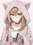  1girl absurdres animal_hood berry black_choker brown_eyes brown_hair brown_hoodie choker earrings ears_through_headwear food-themed_earrings glasses grin highres hololive hololive_english hood hood_up hoodie jewelry long_hair looking_at_viewer mintz912 multicolored_hair nanashi_mumei nanashi_mumei_(casual) necklace official_alternate_costume red_sweater round_eyewear runes sleeves_past_wrists smile solo streaked_hair sweater virtual_youtuber 