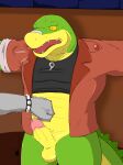 2024 alligator alligatorid anthro balls biped bodily_fluids brok_(brok_the_investigator) brok_the_investigator clothing crocodilian duo erection genitals green_body grey_body hi_res humanoid_hands male open_mouth penis punch reptile scalie shirt solo_focus squealers_chief sweat thqr37 topwear