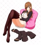  1girl ass blue_eyes boots breasts brown_hair brown_legwear dress eyepatch fate/grand_order fate_(series) highres long_hair looking_at_viewer ophelia_phamrsolone pantyhose parted_lips sami_(object_dump) shoes_removed sitting solo thigh_boots thighhighs 