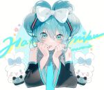  aqua_eyes aqua_hair aqua_nails aqua_necktie bare_shoulders bow cinnamiku detached_sleeves grey_vest hair_bow hair_up hatsune_miku necktie sanrio shoulder_tattoo tattoo vest vocaloid white_background white_bow wide_sleeves zhanzhan_lan 