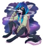  2017 black_fur black_nose blue_hair breasts canid canine canis citrinelle clothed clothing digital_media_(artwork) domestic_dog female fur hair hi_res hoodie mammal open_mouth simple_background sitting smile solo teeth white_fur yellow_eyes 