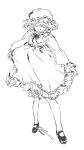  1girl closed_eyes dress frilled_dress frills full_body greyscale hat highres machihazure mary_janes mob_cap monochrome neck_ribbon original ribbon shoes short_hair simple_background sketch solo 