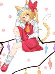  1girl animal_ears ascot blonde_hair cat_ears cat_girl cat_tail crystal_wings dress flandre_scarlet full_body hat hat_ribbon highres koroyarou looking_at_viewer mary_janes medium_hair mob_cap one_eye_closed paw_print paw_print_background red_dress red_eyes red_ribbon ribbon shoes side_ponytail sitting socks solo tail tongue tongue_out touhou yellow_ascot 