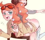  2girls aqua_eyes ass black_panties blush brown_hair chair coat female_protagonist_(pokemon_swsh) highres long_sleeves multiple_girls nail_polish on_lap open_mouth orange_hair panties pants_pull panty_pull pinkiri pokemon pokemon_(game) pokemon_swsh side_ponytail sitting sonia_(pokemon) spanked spanking sweatdrop tears underwear yuri 