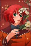  flower green_eyes hatori_chise highres jasmine_tea mahou_tsukai_no_yome red_hair red_sailor_collar sailor_collar solo white_flower 