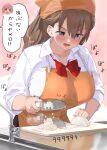 1girl apron black_eyes blush bow bowtie breasts brown_hair collared_shirt cutting_onions holding kaisen_chuui knife large_breasts long_hair long_sleeves open_mouth orange_apron orange_headwear original red_bow red_bowtie shirt slicing solo translation_request white_shirt 