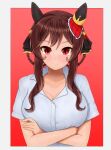  1girl alternate_costume animal_ears blush border breasts collared_shirt commentary_request crossed_arms ear_covers ear_ornament gentildonna_(umamusume) hair_between_eyes highres horse_ears horse_girl large_breasts looking_at_viewer m172/minatsu medium_hair outside_border red_background red_eyes shirt smile solo umamusume upper_body white_border white_shirt 