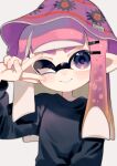  1girl :&gt; black_sweater blonde_hair bucket_hat gradient_hair hair_ornament hairclip hat highres inkling_girl inkling_player_character long_hair multicolored_hair one_eye_closed pink_hair purple_eyes purple_headwear sahata_saba signature smile solo splatoon_(series) splatoon_3 sweater tentacle_hair upper_body v 