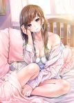  1girl alarm_clock bare_legs bare_shoulders blanket blush breasts brown_hair camisole cleavage clock collarbone commentary_request curtains day head_tilt indoors jacket long_hair long_sleeves looking_at_viewer medium_breasts off_shoulder on_bed open_clothes open_jacket original pillow pink_jacket purple_eyes shirt sidelocks sitting smile solo strap_slip sunlight thighs tokeshi white_shirt window 