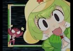  1boy 1girl :3 batrobin_k black_eyes breasts character_request cleavage elbow_gloves fang giroro gloves green_gloves green_hair kemono_friends keroro keroro_(kemono_friends) keroro_gunsou large_breasts looking_at_viewer open_mouth personification short_hair 