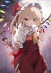  1girl absurdres ascot blonde_hair cowboy_shot crystal_wings dress flandre_scarlet frills hat hat_ribbon highres looking_at_viewer medium_hair mob_cap puffy_short_sleeves puffy_sleeves red_dress red_eyes red_nails red_ribbon ribbon short_sleeves side_ponytail smile solo tetsurou_(fe+) touhou yellow_ascot 