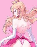  1girl ass bare_shoulders blonde_hair blue_eyes breasts crown dress earrings elbow_gloves from_behind gloves jewelry large_breasts long_hair looking_at_viewer looking_back mario_(series) miss_faves panties pink_background pink_dress pink_panties princess_peach simple_background solo underwear 