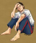  1boy barefoot birthday collared_shirt expressionless full_body gk_cofun golden_kamuy hand_in_own_hair highres looking_at_viewer male_focus no_headwear pants scar scar_on_cheek scar_on_face scar_on_nose shirt short_hair sitting solo sugimoto_saichi sweat very_sweaty 