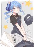  1girl absurdres apron black_pants black_shirt blue_eyes blue_hair blush breasts cowboy_shot grin hair_ornament highres hololive hoshimachi_suisei long_hair looking_at_viewer nishiki_yuno pants print_shirt shirt side_ponytail small_breasts smile star_(symbol) star_hair_ornament star_in_eye symbol_in_eye t-shirt teeth virtual_youtuber 