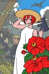  1boy 1girl artist_request blonde_hair brown_eyes capcom cloud dino_crisis dinosaur dress dylan_morton fingerless_gloves flower gloves gun hat highres holding holding_gun holding_weapon looking_at_viewer official_art open_mouth red_hair regina_(dino_crisis) short_hair smile straw_hat tree weapon white_dress 