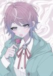  1girl :d ahoge amemura_ramuda blue_eyes blue_hair blush candy collared_shirt food gradient_hair green_jacket highres holding holding_candy holding_food holding_lollipop hood hood_down hooded_jacket hypnosis_mic jacket lollipop looking_at_viewer medium_hair multicolored_hair neck_ribbon open_clothes open_jacket open_mouth pink_hair red_ribbon ribbon school_uniform shirt sidelocks smile solo twitter_username upper_body white_shirt yakitori_egg 