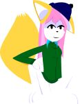 animal_humanoid anthro beanie blue_beanie canid canid_humanoid canine canine_humanoid clothing female fox fox_humanoid fur green_clothing hat headgear headwear hi_res humanoid mammal mammal_humanoid needlemouse no_outlines simple_artstyle solo spread_legs spreading tail white_body white_fur yellow_ears yellow_tail