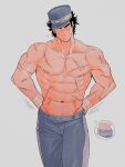  1boy abs averting_eyes bara butt_crack cowboy_shot flexing_pectorals golden_kamuy hat head_tilt highres kepi kon_likes_corn legs_together male_focus military_hat multiple_views muscular muscular_male navel nipples pectorals scar scar_on_cheek scar_on_face scar_on_nose short_hair shy standing stomach sugimoto_saichi tilted_headwear topless_male walking 