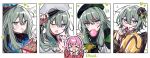  2girls beret candle_no_kaori_wa_omoide_to_tomo_ni_(project_sekai) chocolate eating emne food green_hair green_headwear hat highres kusanagi_nene looking_at_viewer low-tied_sidelocks multiple_girls multiple_views one_eye_closed ootori_emu open_mouth pink_hair pop_in_my_heart!!_(project_sekai) popcorn project_sekai purple_eyes short_hair side_ponytail white_headwear 