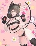  1girl animal_ear_legwear animal_ears animal_hands artist_request bare_arms bare_shoulders belt belt_bra bikini bikini_bottom_only black_bikini black_choker black_hair black_thighhighs breasts cat_ear_legwear cat_ears cat_girl cat_tail choker cleavage commission cowboy_shot elsword eve_(2nas)_(elsword) eve_(elsword) facial_mark fur-trimmed_gloves fur_trim gloves hair_ornament hair_over_shoulder hands_up highres kemonomimi_mode leaning_forward leash long_hair looking_at_viewer low_twintails medium_breasts multiple_belts navel no_headwear open_mouth paw_gloves second-party_source skindentation smile solo standing stomach swimsuit tail thighhighs thighs twintails yellow_eyes 